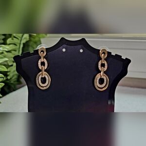 Gold and Rhinestone Link Drop Statement Earrings / Pierced